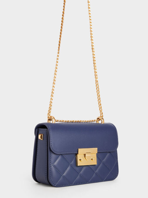 Metallic Push-Lock Chain Bag, Navy, hi-res