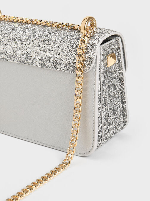 Glittered Push-Lock Chain-Handle Bag, Silver, hi-res