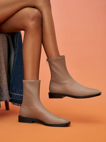 Square Toe Zip-Up Ankle Boots, Camel, hi-res