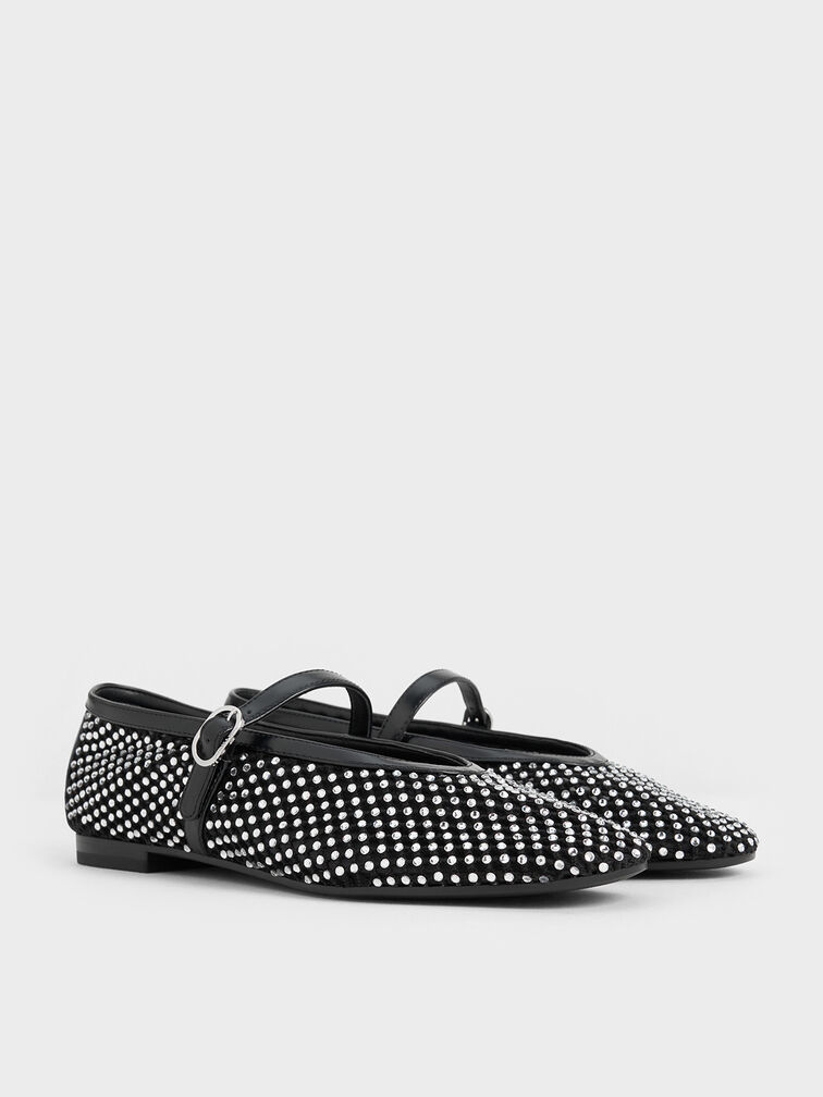Maggie Mesh Mary Janes embelezada com cristal, Black, hi-res
