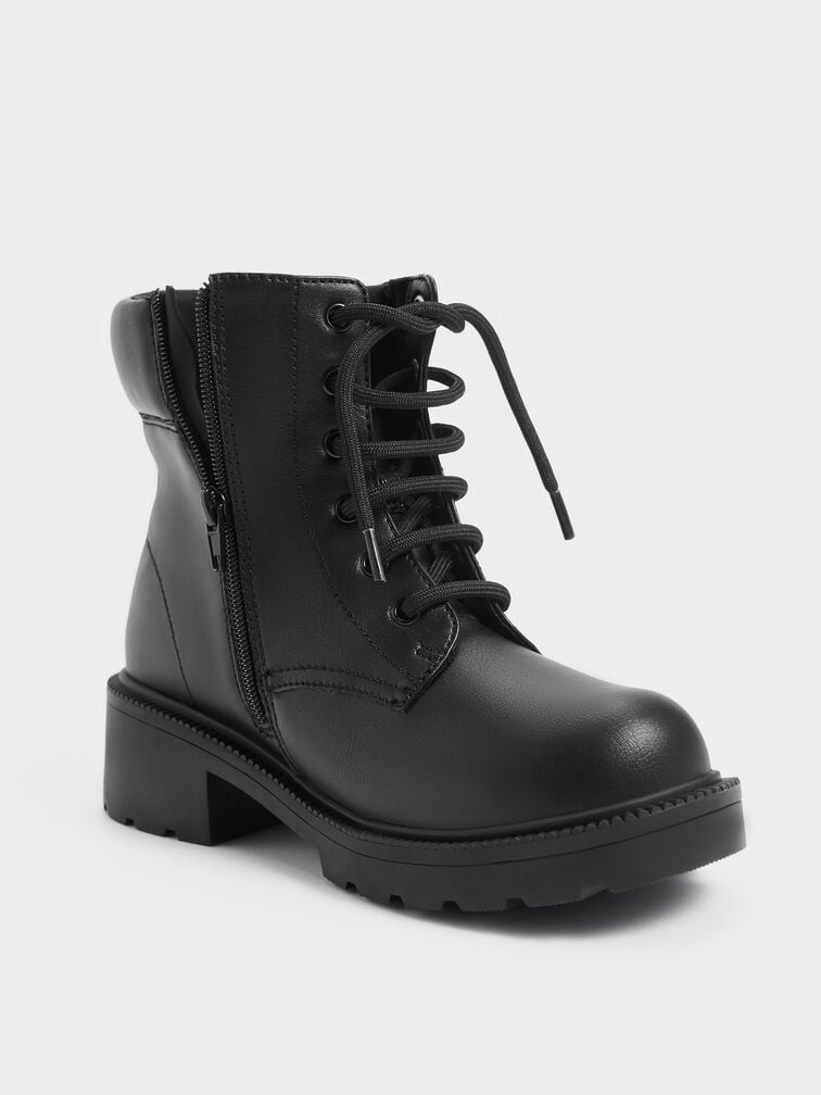 Girls' Side-Zip Ridged-Sole Lace-Up Ankle Boots, Black, hi-res