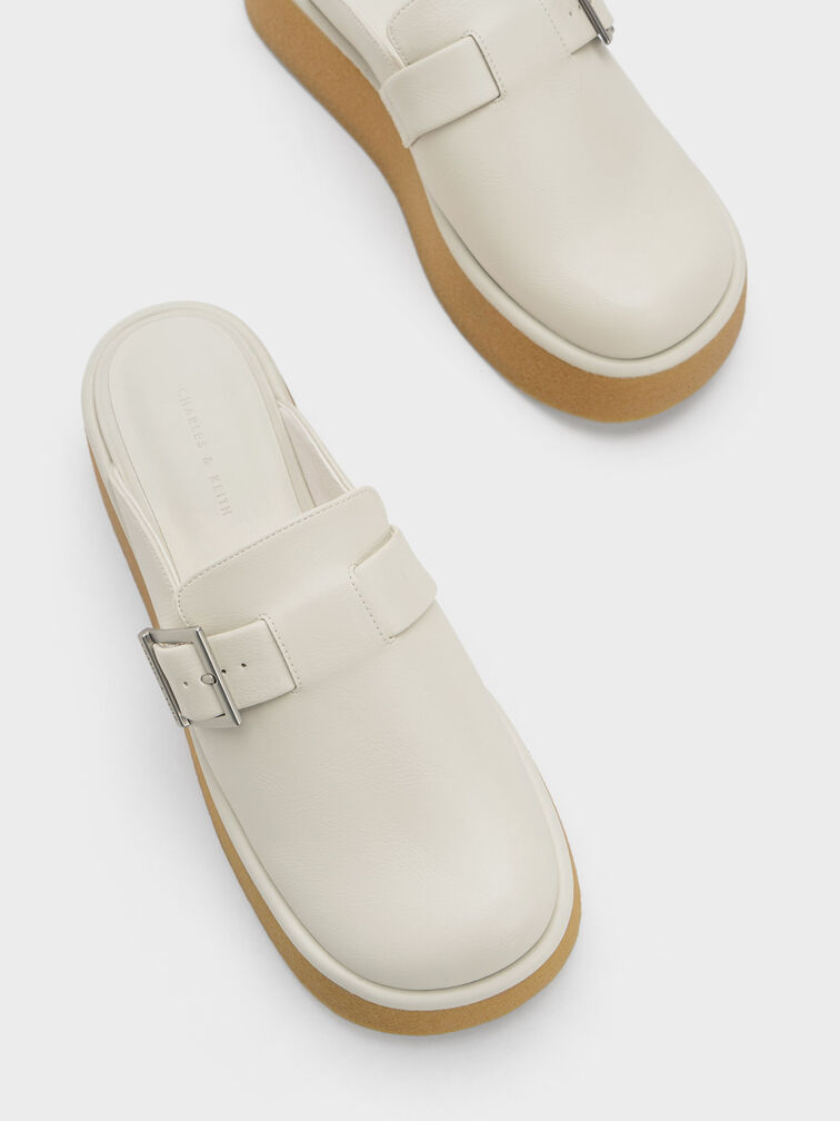 Textured Buckled Flatform Mules, Cream, hi-res