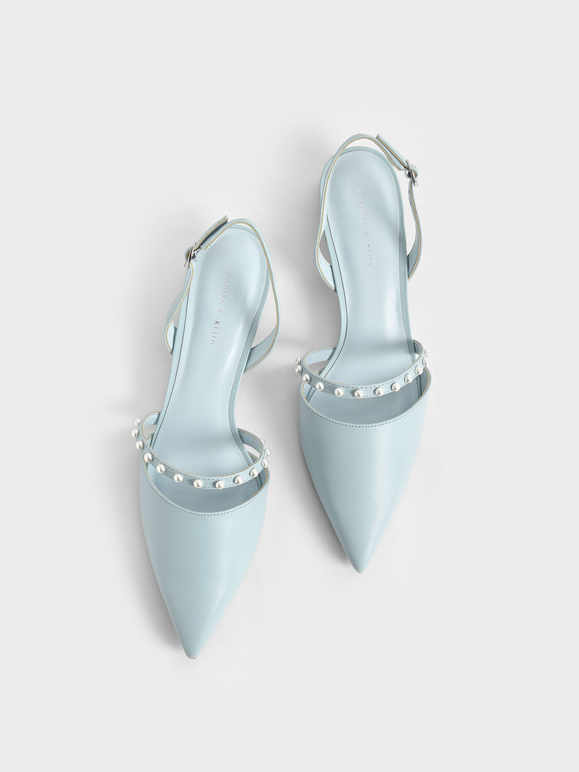 Pearl-Embellished Slingback Pumps, Light Blue, hi-res
