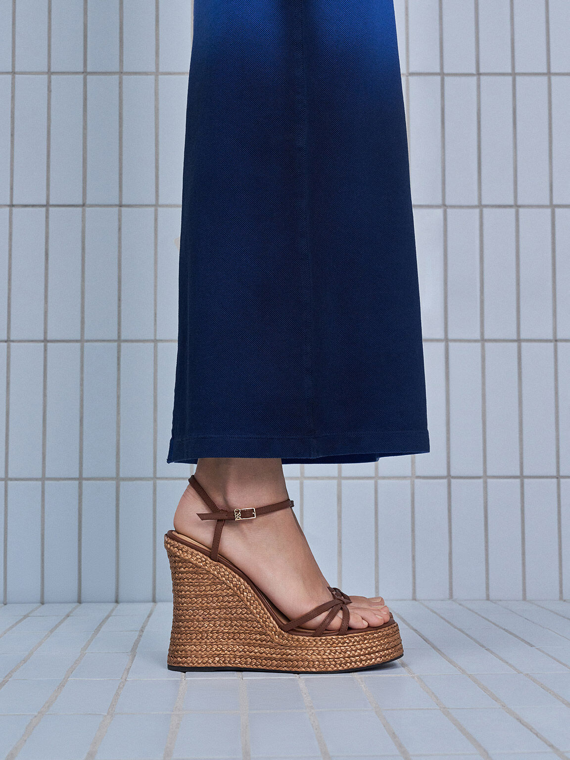 Brown Leather Strappy Espadrille Wedges CHARLES KEITH CA