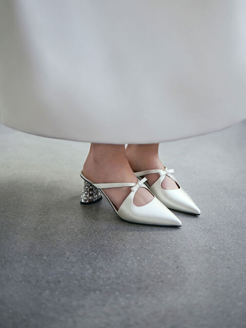Jacinda 緞面扭結珍珠跟鞋, 白色, hi-res