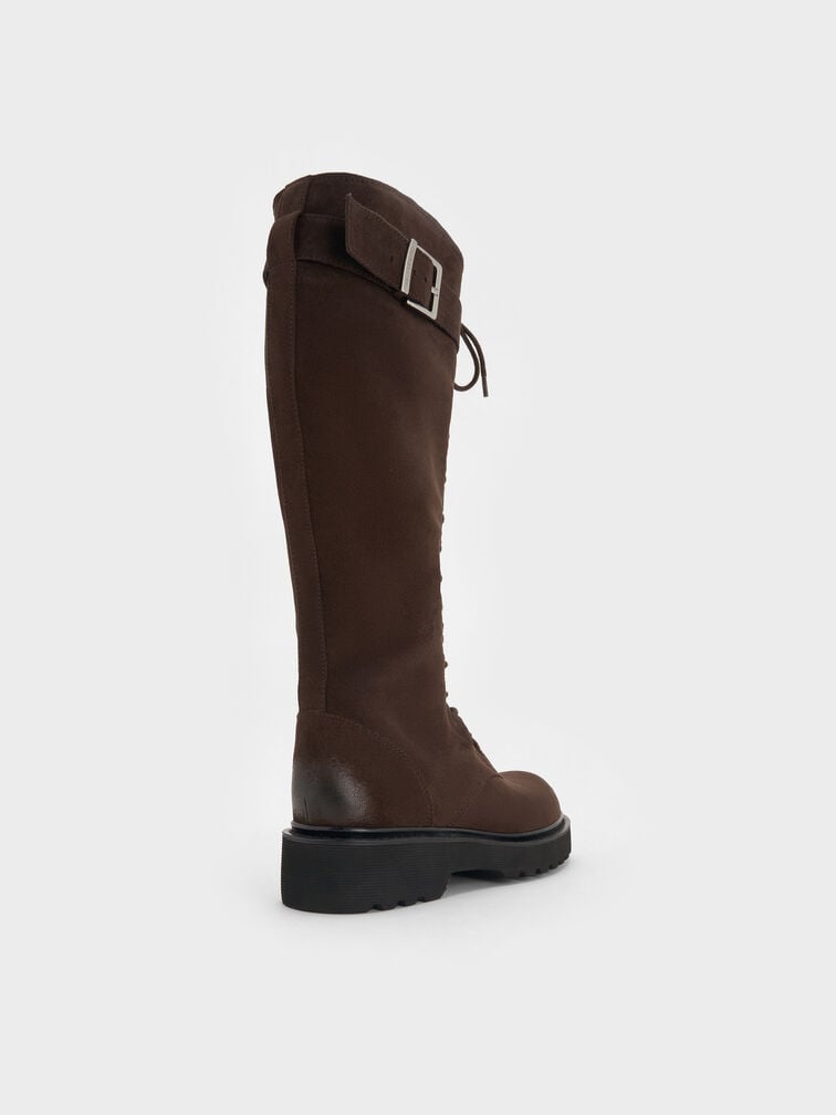 Darian Faux Suede Lace-Up Buckle-Strap Knee-High Boots, Dark Brown Textured, hi-res