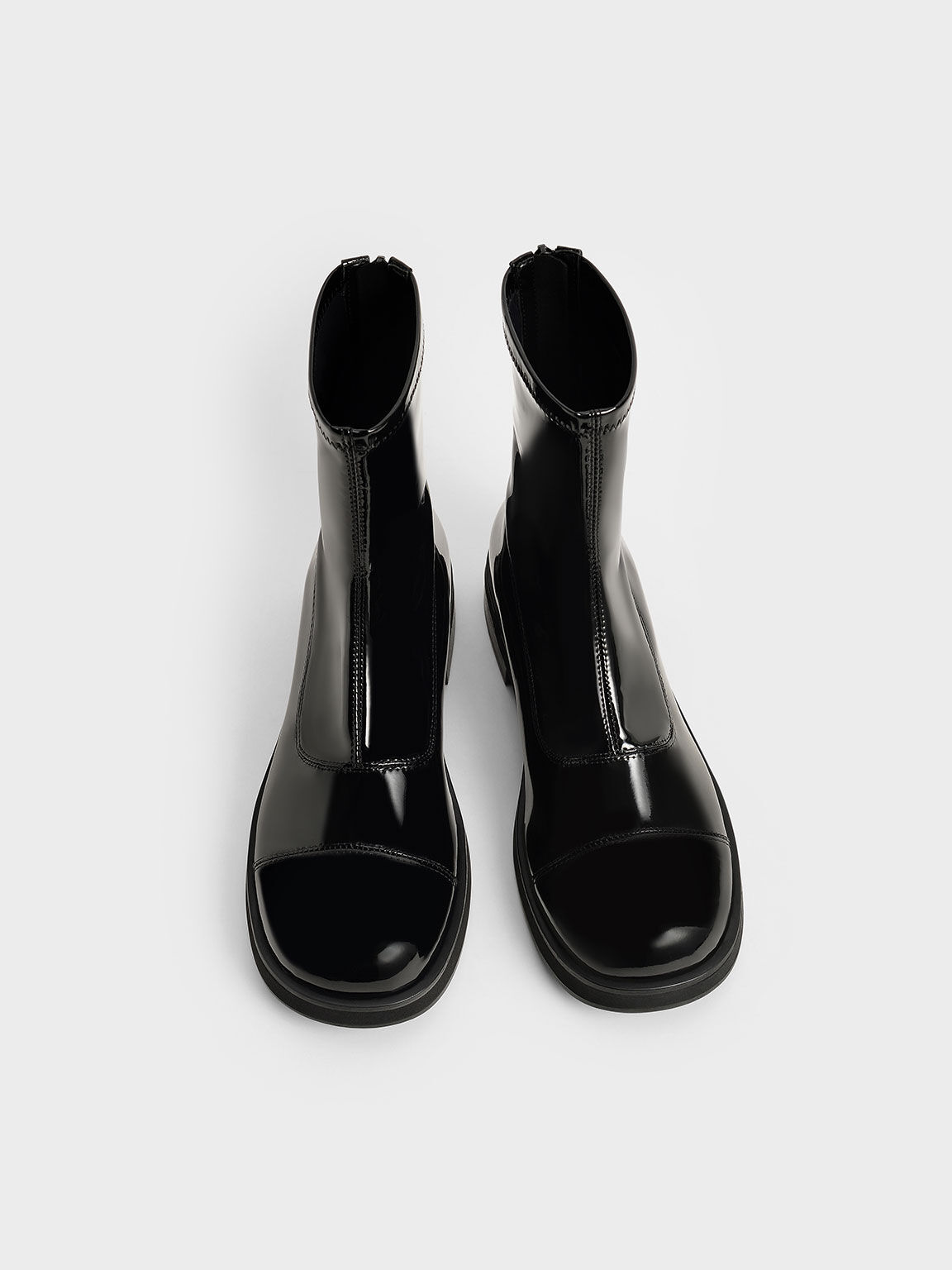 Patent Round Toe Zip-Up Ankle Boots, Black Textured, hi-res