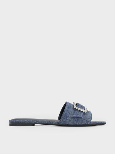 Sandalias abiertas en denim de puntera cuadrada con hebilla adornada con gemas, Azul mezclilla, hi-res