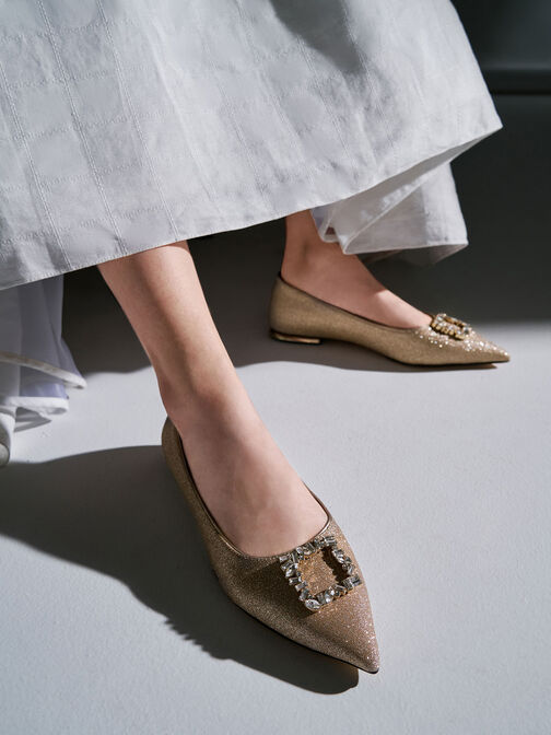 Glitter Gem-Embellished Ballerina Flats, Gold, hi-res