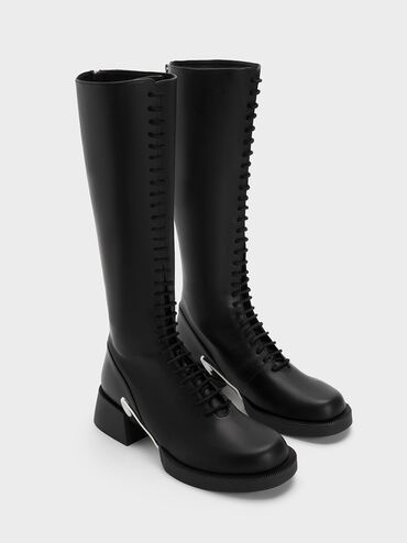 Devon Metallic-Accent Lace-Up Knee-High Boots, Black, hi-res