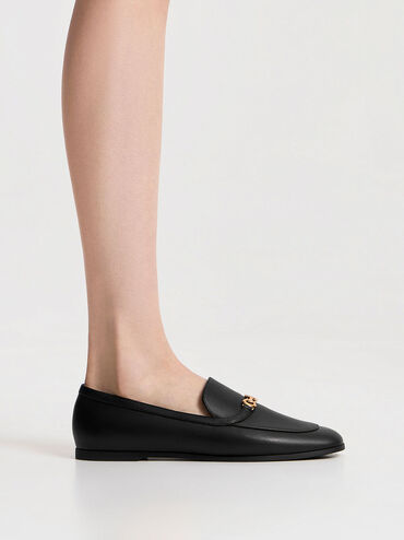 Metallic Accent Round-Toe Loafers, Black, hi-res