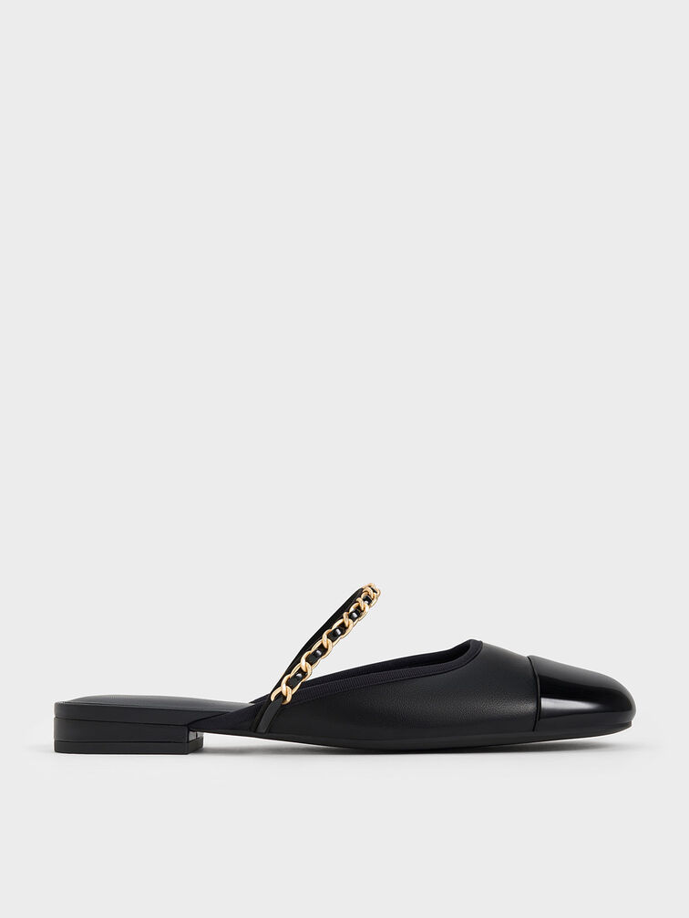 Black Patent Chain-Strap Mules - CHARLES & KEITH International