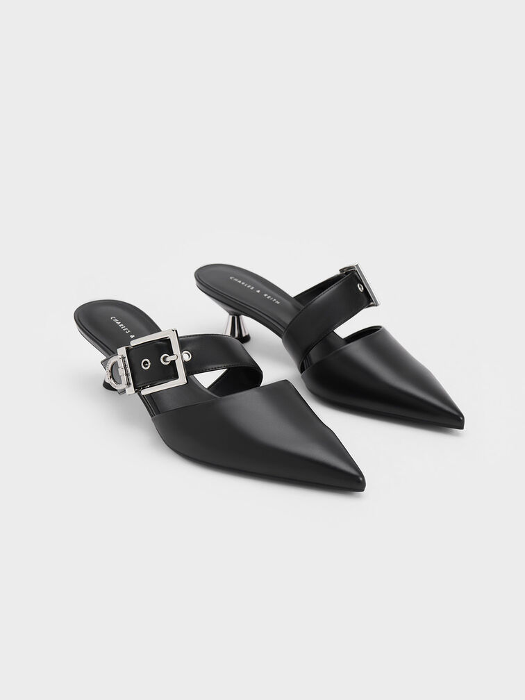 Asymmetric Buckle Heeled Mules, Black, hi-res
