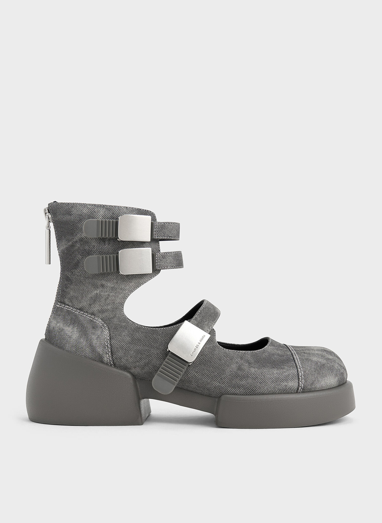 Robbie Denim-Effect Ankle-Strap Mary Jane Boots, Dark Grey, hi-res