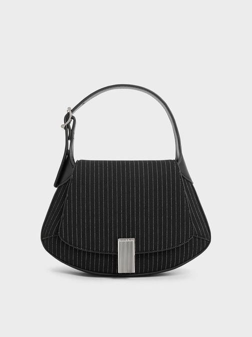 Striped Metallic-Accent Curved Top Handle Bag, Dark Grey, hi-res