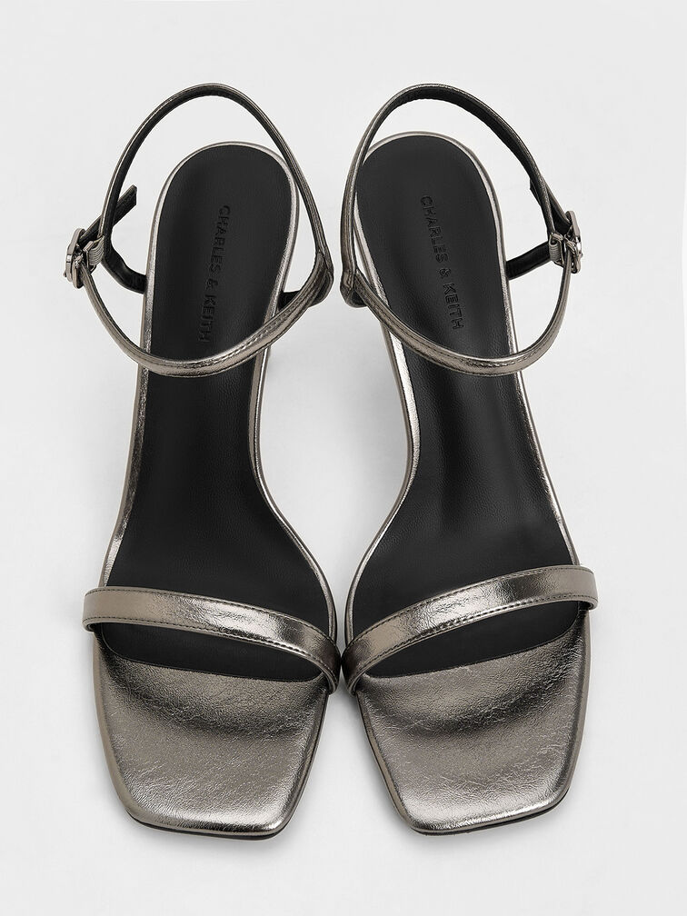 Metallic Sculptural-Heel Ankle-Strap Sandals, Pewter, hi-res