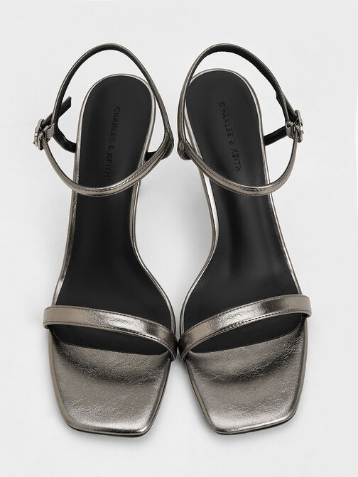 Metallic Sculptural-Heel Ankle-Strap Sandals, Pewter, hi-res
