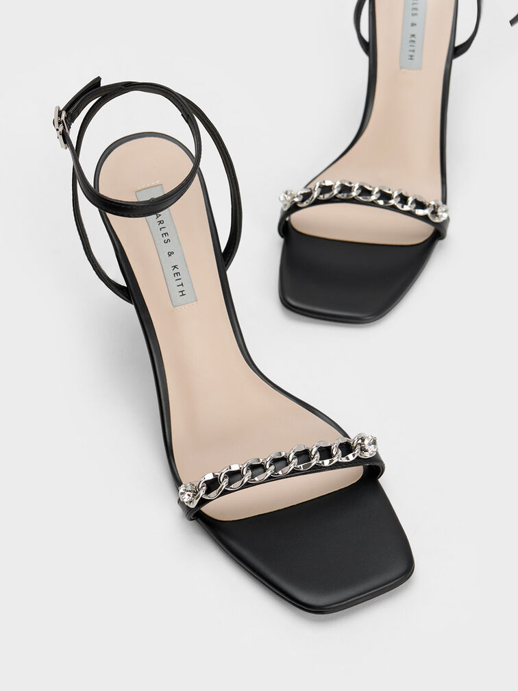Chain-Embellished Ankle Strap Sandals, Black, hi-res