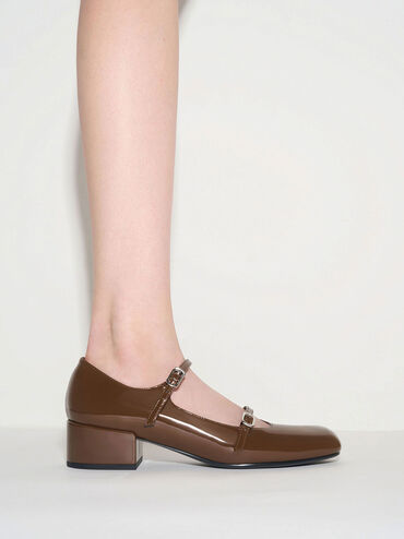 Double-Strap Block-Heel Mary Janes, Brown, hi-res