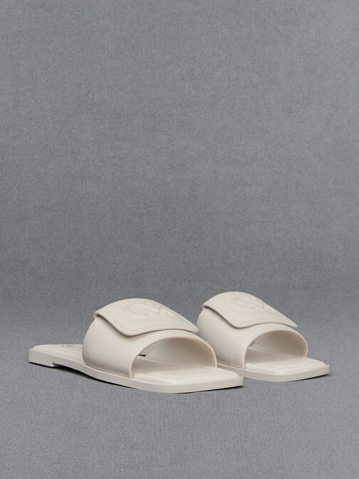 Leather Slide Sandals, White, hi-res