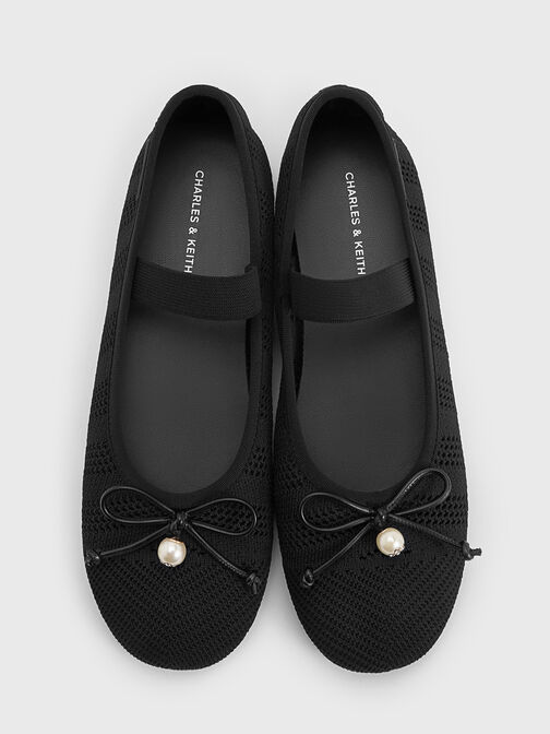Knitted Pearl-Accent Bow Ballet Flats, Black Textured, hi-res
