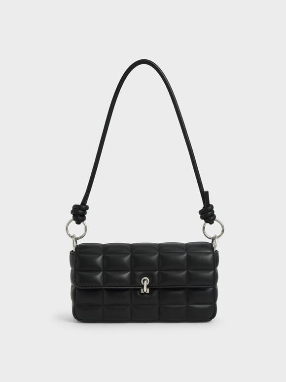 Maze Chunky Chain Handle Quilted Shoulder Bag, Black, hi-res