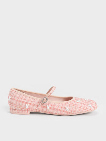 Bunny Tweed Mary Jane Flats, Pink, hi-res