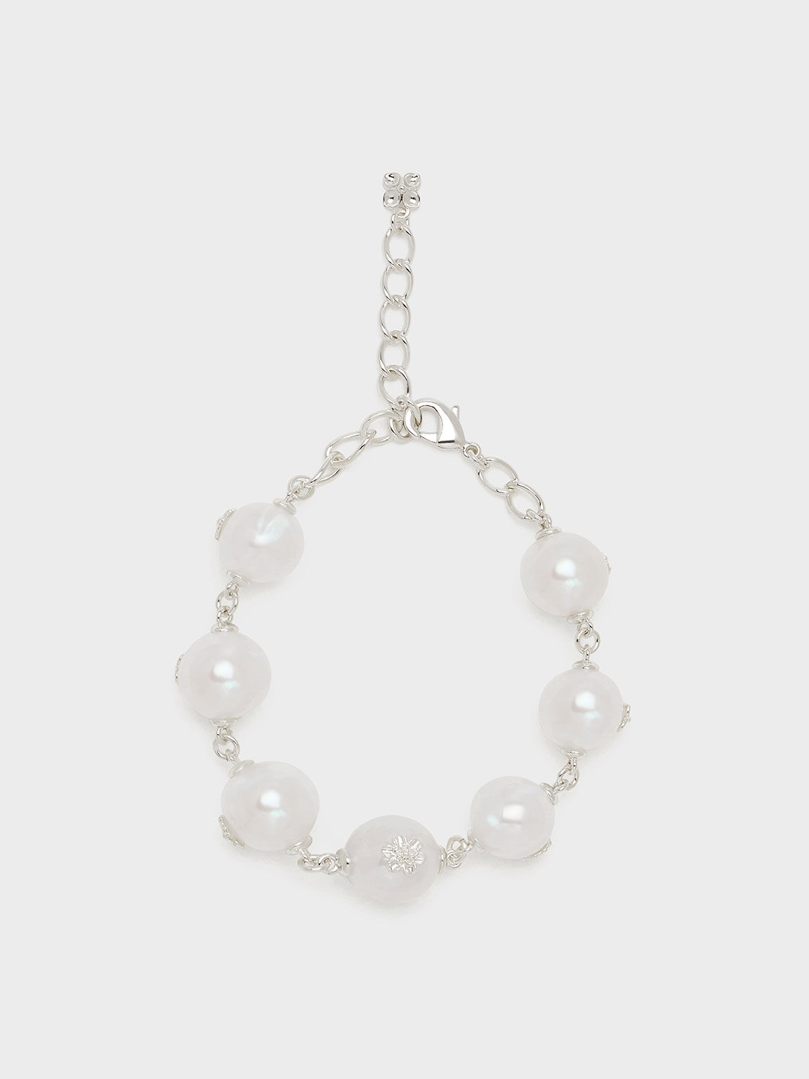 Flower-Embellished Pearl Bracelet, Silver, hi-res