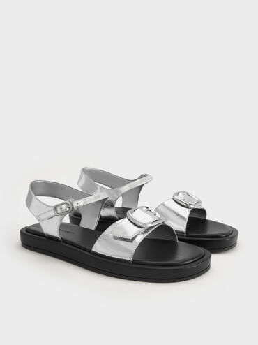 Metallic Buckled Slingback Sandals, Silver, hi-res