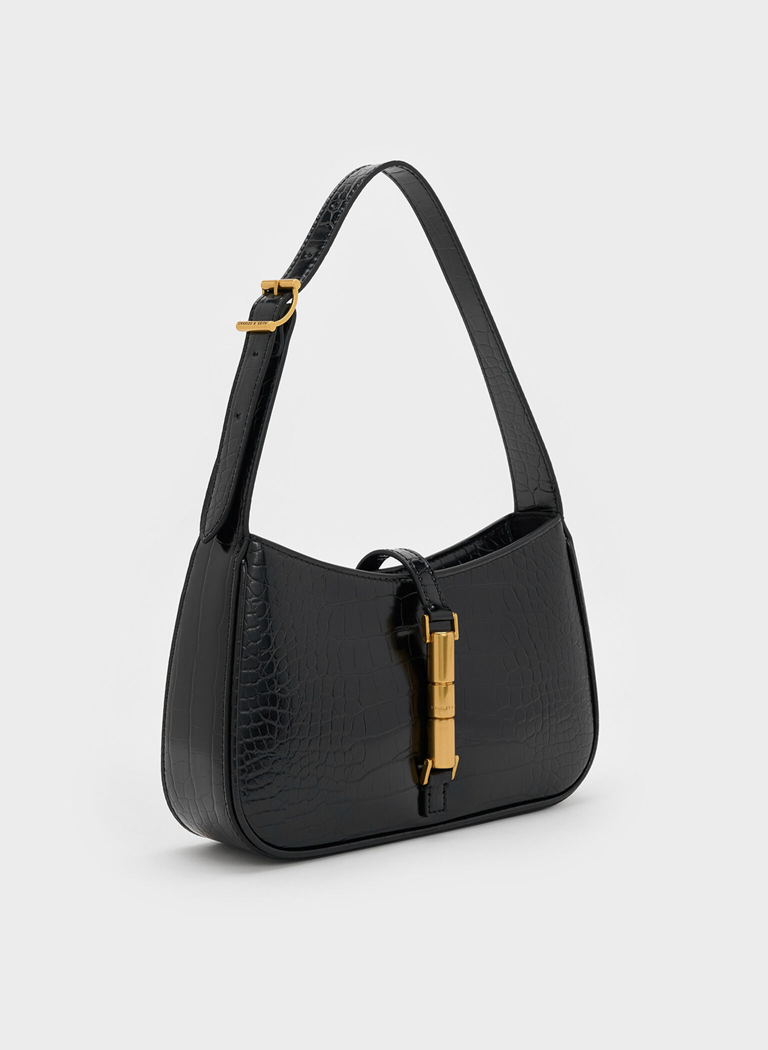 Bolso Cesia de efecto cocodrilo con detalles metálicos, Negro, hi-res