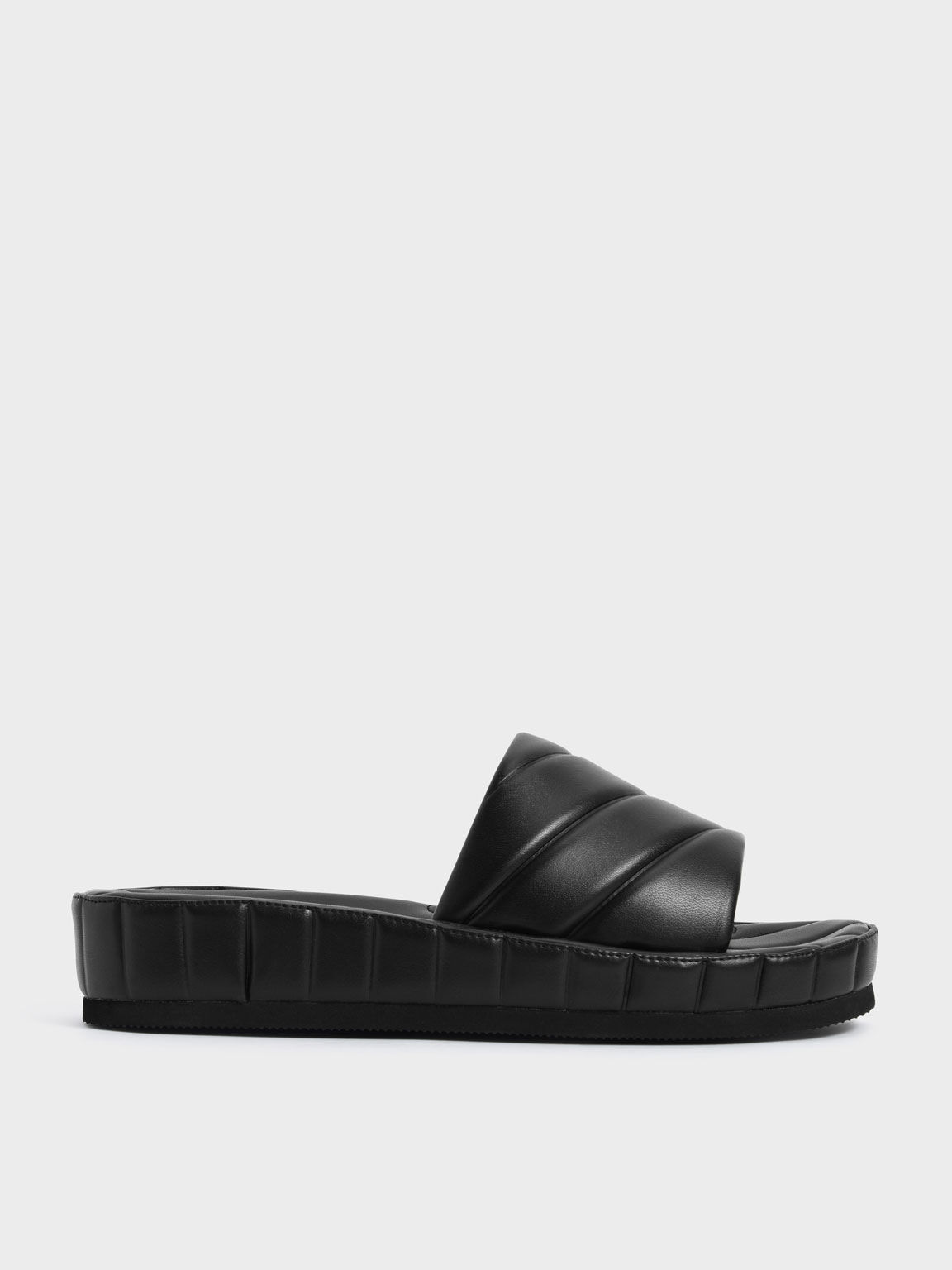 Puffy Flatform Slide Sandals, Black, hi-res