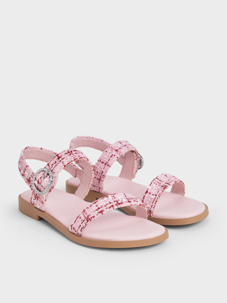 Girls' Tweed Crystal-Buckle Double-Strap Slingback Sandals, Pink, hi-res