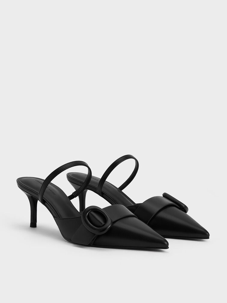 Oval-Buckle Pointed-Toe Mules, Black, hi-res