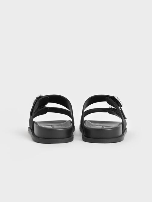 Recycled Polyester Embellished Buckle Sandals, Black Textured, hi-res