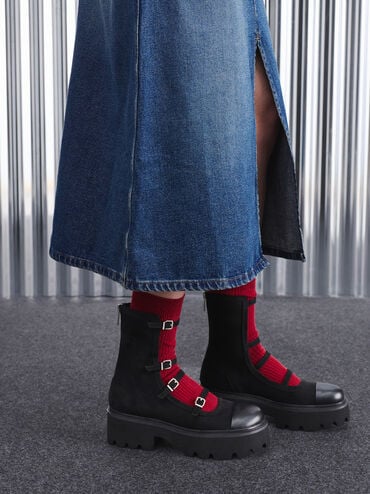 Botas Celia gruesas de antelina de caña media a la pantorrilla con múltiples tiras con hebilla, Negro texturizado, hi-res