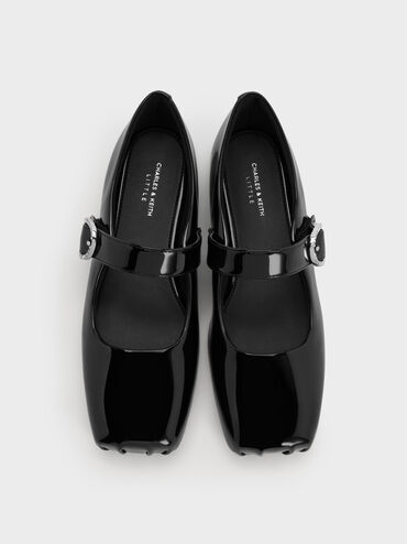 Girls' Patent Crystal-Buckle Square-Toe Mary Jane Flats, Black Patent, hi-res
