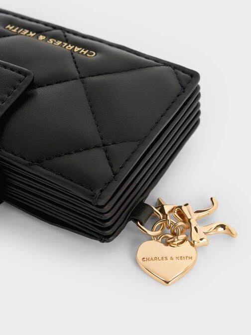 Arrietty Quilted Bow-Heart Charm Belted Card Holder, Black, hi-res