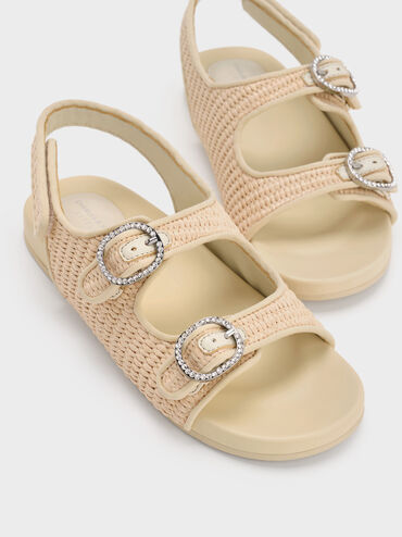 Girls' Raffia Crystal-Buckle Double-Strap Slingback Sandals, Cream, hi-res
