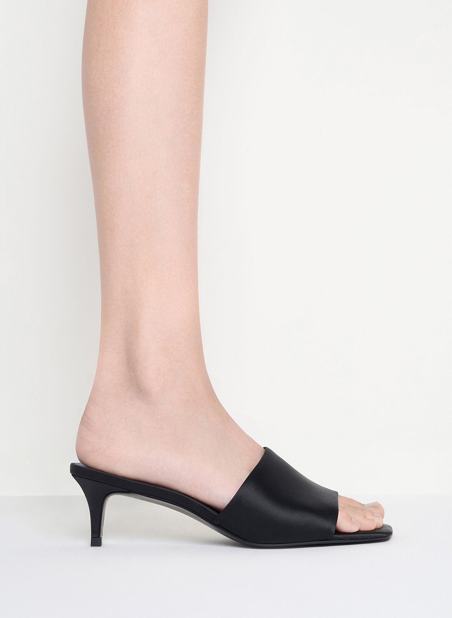 Satin Square-Toe Kitten-Heel Mules, Black Textured, hi-res