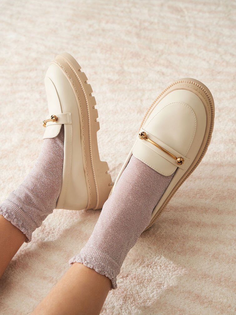 Girls' Metallic Accent Penny Loafers, Chalk, hi-res