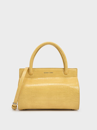 Croc-Effect Double Top Handle Structured Bag, Yellow, hi-res
