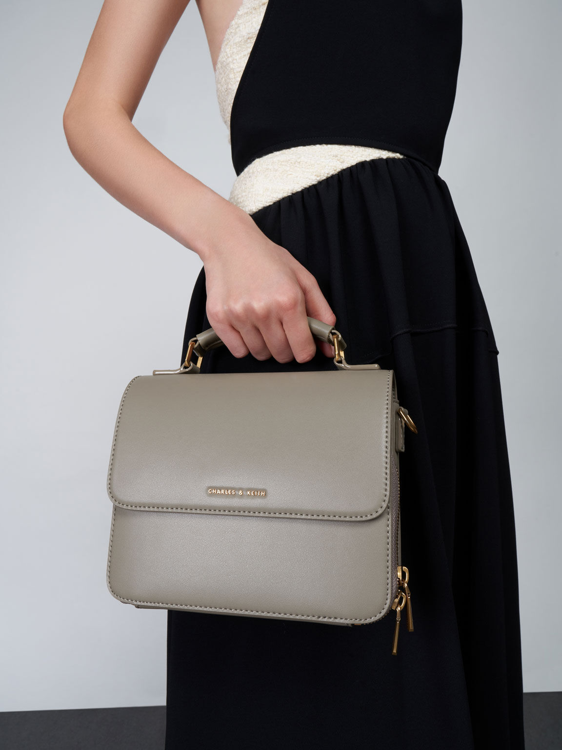 Front Flap Top Handle Crossbody Bag Taupe