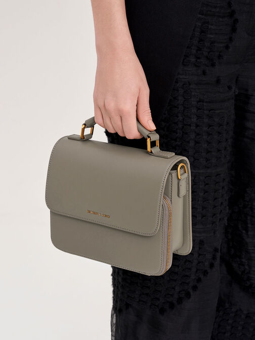 Front Flap Top Handle Crossbody Bag, Taupe, hi-res