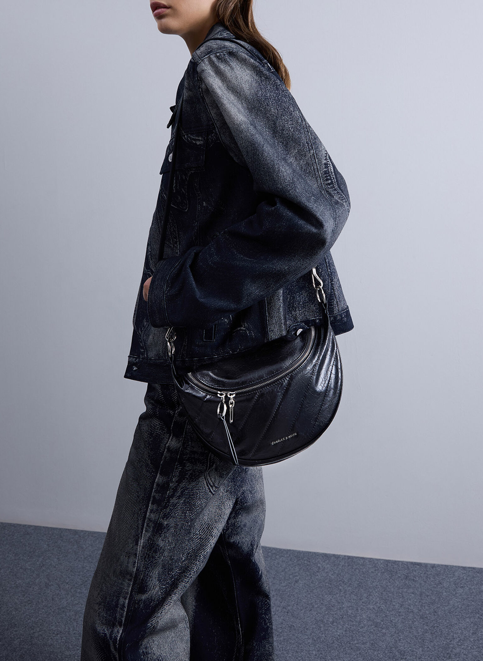 Philomena Crinkle-Effect Half-Moon Crossbody Bag, Noir, hi-res