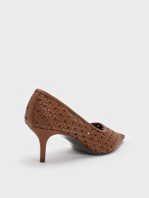 Woven Pointed Stiletto Pumps, Brown, hi-res