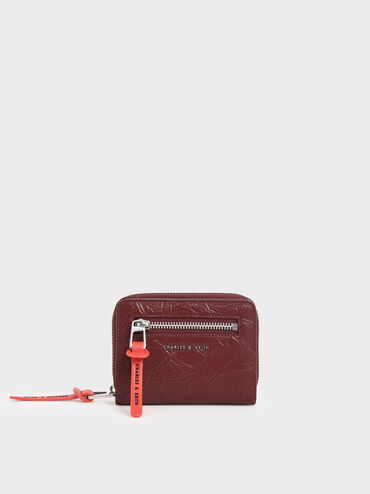 Mini Wrinkled Effect Short Wallet, Burgundy, hi-res