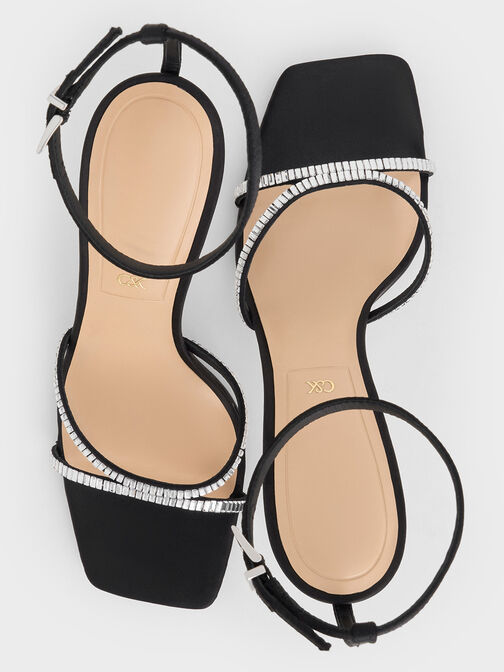 Recycled Polyester Crystal-Embellished Ankle-Strap Sandals, Black Textured, hi-res