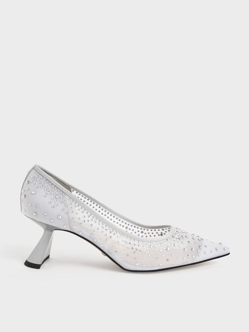 Zapatos de tacón esculturales con adornos de malla Blythe, Plateado, hi-res
