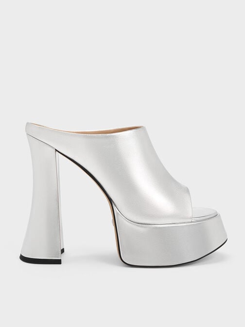 Delphine Leather Metallic Platform Mules, Silver, hi-res