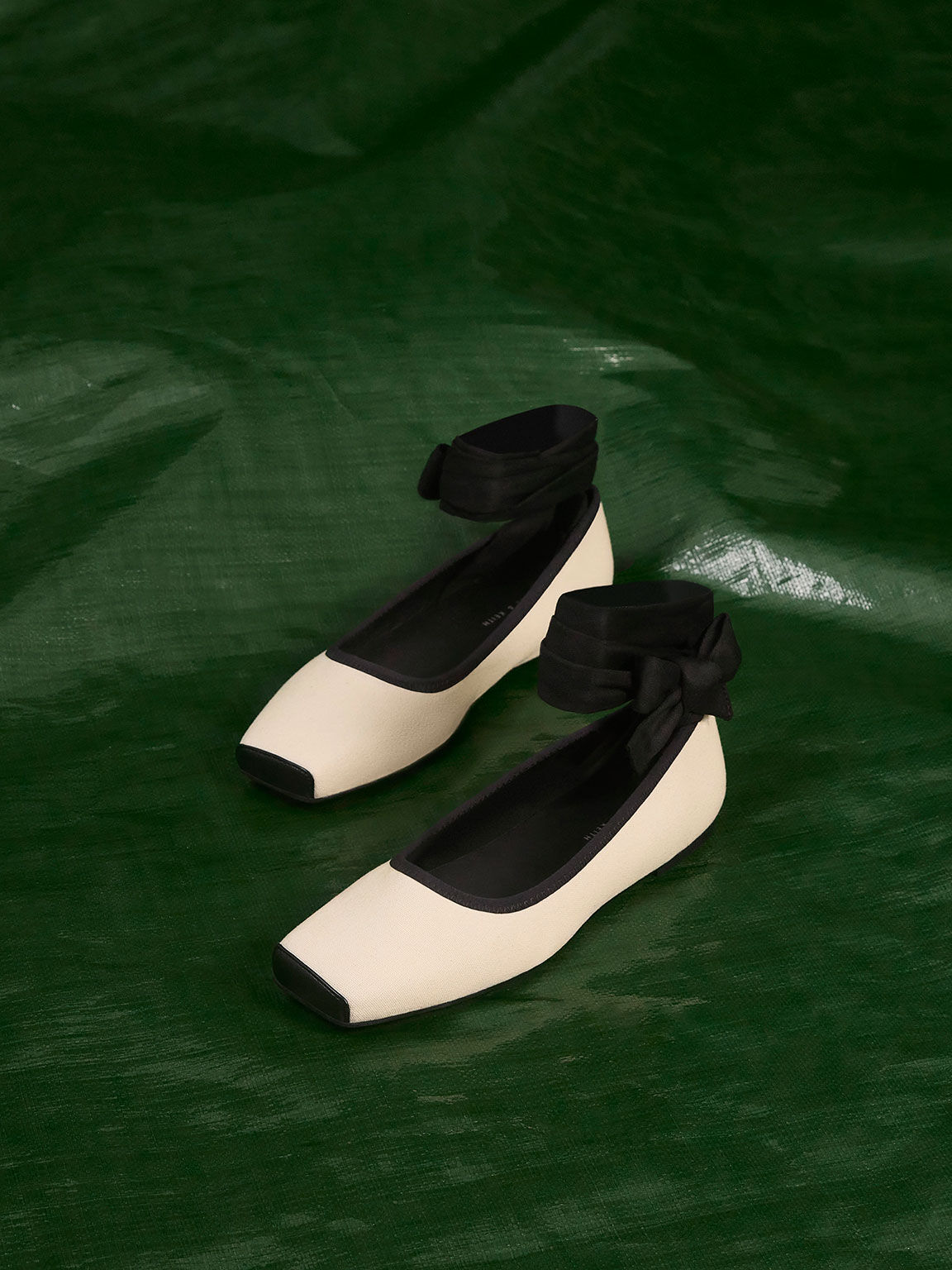 Black Textured Tie Around Canvas Ballerina Flats CHARLES KEITH